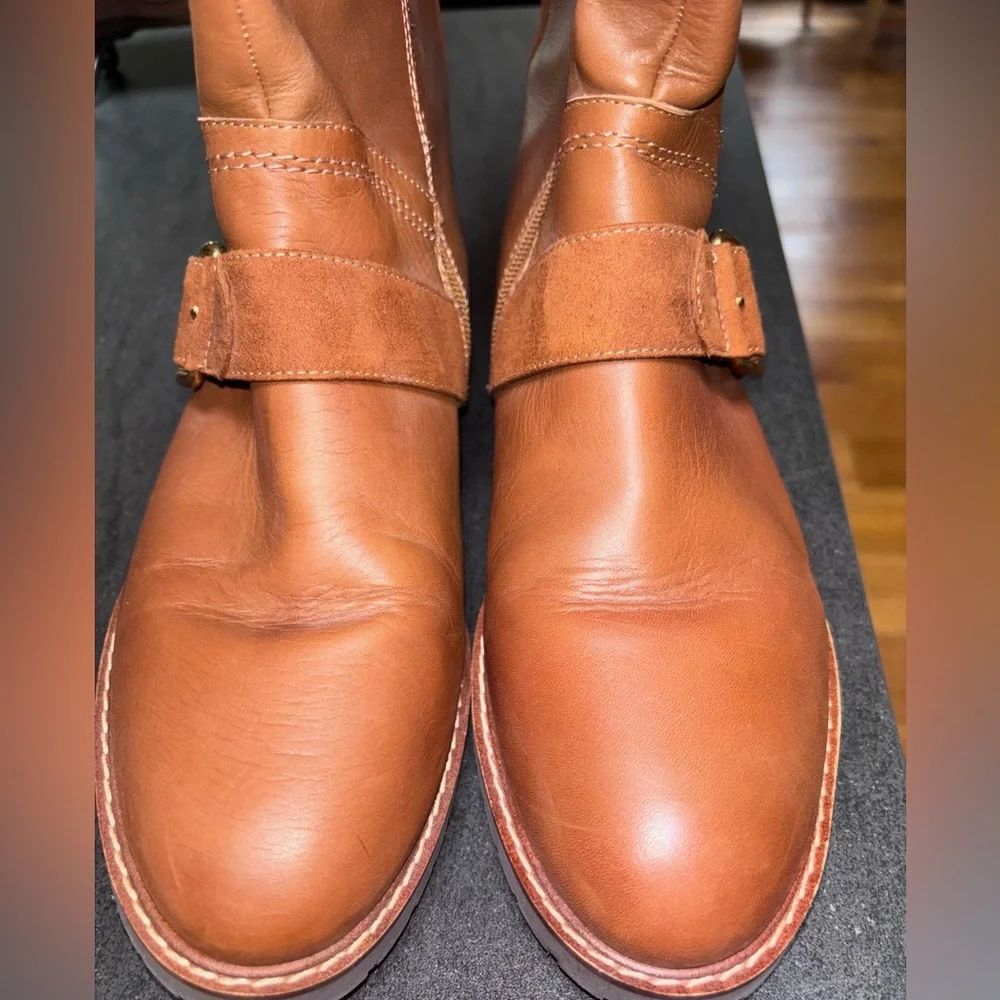 Franco Sarto Tall Boots Women’s 9.5M Cognac Leather Buckle Zip Lug Sole